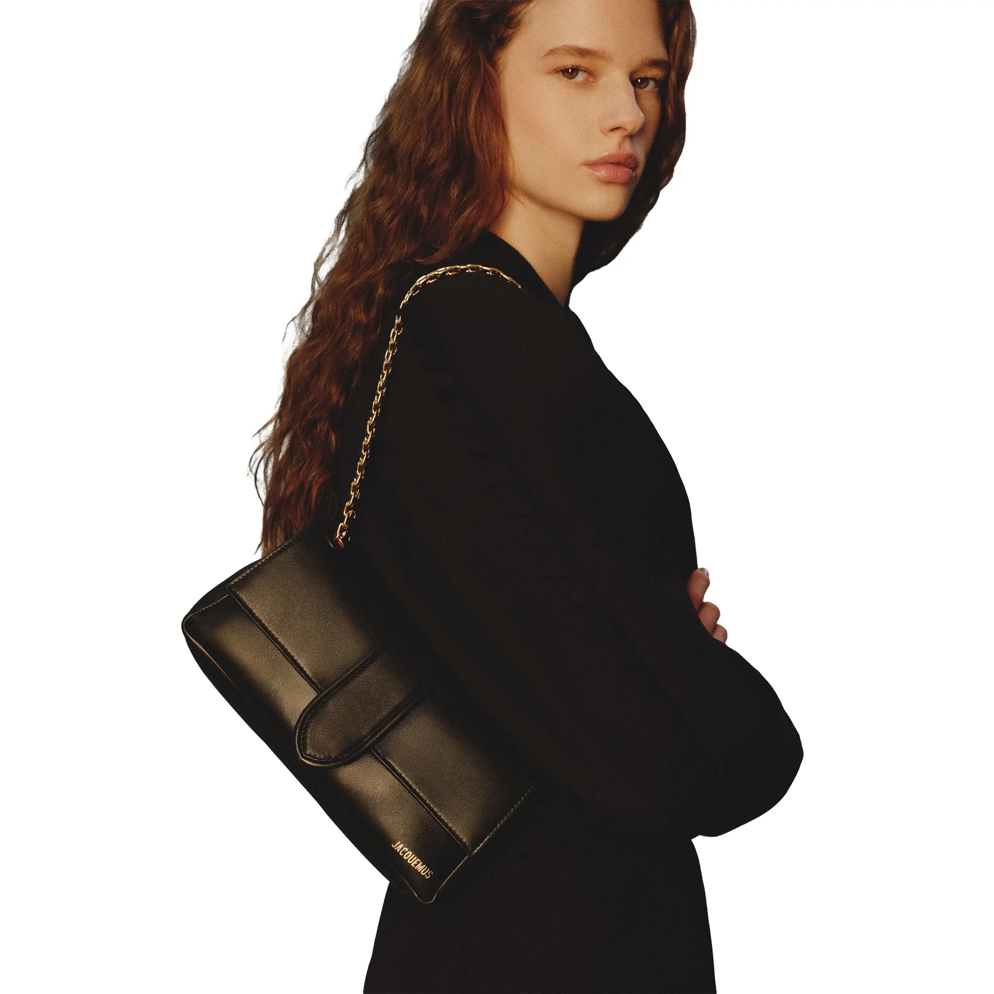 Model View of Jacquemus The Bambino Chain Soft Flap Black Shoulder Bag BAW00453AC27L14990